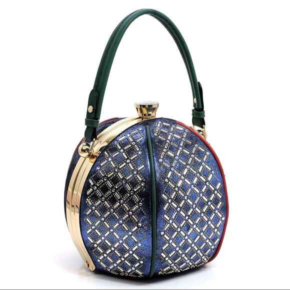 Rhinestone Frame Round Satchel Handbag - Picture 2 of 7